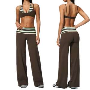 Women's Striped Short Pattern Two Piece Sport Set Regular Fit Full Pants Sleeveless Halter Breathable Polyester Activewear - Product Image 1