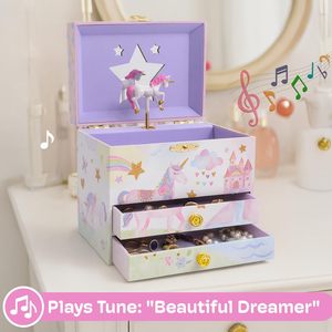 Scatola Portagioie Musicale Incantevole a Forma di Unicorno per Ragazze, Design Arcobaleno Scintillante, 2 Cassetti Estraibili, Finitura Lucida - Product Image 4