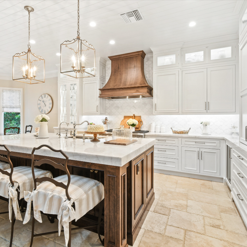 Gorgeous French Country Style Kitchen Design Featuring A Rustic Cherry Hood With Coordinating Island