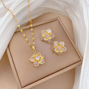 Stainless Steel Jewelry Set Non Fade Shiny Zircon Flowers Charm Pendant Necklace Earring for Women Clavicle <b>Chain</b> Choker Jewelry - Product Image 1