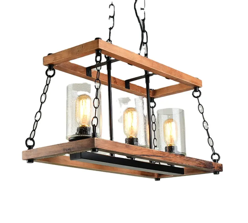3 Lights Wood Metal Chain Farmhouse Rustic Chandelier For Kitchen Island