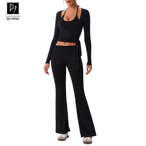 Set Sportivo da Donna <span class=keywords><strong>3</strong></span> Pezzi: Top con Logo Personalizzato, Reggiseno Sportivo e Pantaloni a Gamba Larga per Yoga e Allenamento - Product Image 3