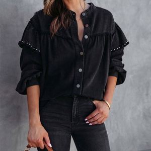 Wholesale Solid Casual Washed Denim Women Coats <b>Tops</b> Fashion Candy Color Hubble-<b>Bubble</b> Sleeve Ladies Outerwear Street Green Jean - Product Image 1