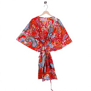 Robe Kaftan Midi Moulante en Coton Pur Fait Main pour Femme, Imprimé Floral Bohème, Taille Naturelle, Lavable, Écologique, Nettoyage à Sec, Plage - Product Image 1