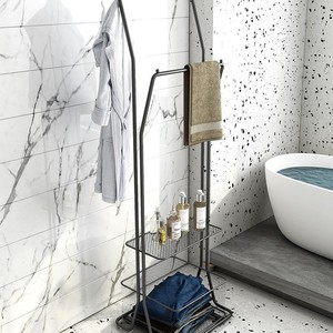Étagère de rangement de salle de bain Yuka avec étagères, porte-serviettes d'angle autoportant pour côté baignoire ou douche - Product Image 1