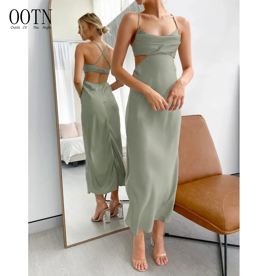 OOTN Lace-Up Backless Drape Corset Dress Summer Cut- Out Camisole Sundress 2021Evening Party Sexy Long Womens Satin Dress
