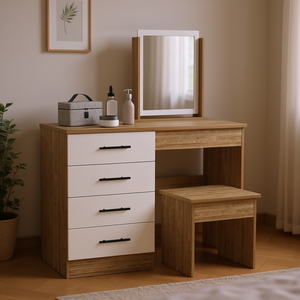 Tocador de Maquillaje con Cuatro Cajones, Espejo y Taburete, Mueble de Dormitorio Moderno de Madera de Pino Blanco, Diseño Elegante - Product Image 2