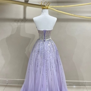 JFH89 Vestidos de Noche Vintage con Cuello Barco Brillante, Lentejuelas Moradas, Lazo de Cristal, Cintura Natural de Gasa, Corte A y Cola Capilla - Product Image 4