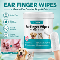 50pcs par baril doux sans irritation biodégradable pour le soin des oreilles des animaux de compagnie lingettes pour les doigts
