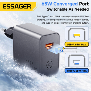 อะแดปเตอร์ชาร์จเร็ว ESSAGER ES-CD65 65 วัตต์ สำหรับโทรศัพท์มือถือ แล็ปท็อป ช่องเสียบ USB Type C PD <span class=keywords><strong>65W</strong></span> Gan  พร้อมปลั๊กแบบ US EU UK สำหรับ iPhone Xiaomi <span class=keywords><strong>Samsung</strong></span> - Product Image 2