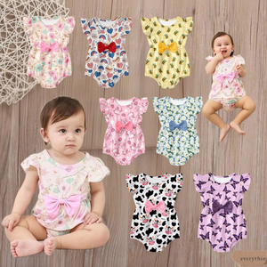 Conjunto de mameluco de manga con volantes para niña con lazo: monos infantiles con estampado floral y de dibujos animados, mono con lazo de 0 a 24 <span class=keywords><strong>meses</strong></span> - Product Image 1