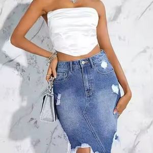 Jupe en jean délavée à l'acide 100 % coton pour femme, nouvelle collection, style déchiré avec franges, vente en gros - Product Image 5