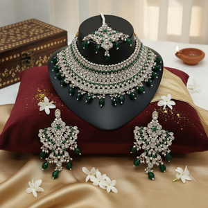 <b>Gold</b> Plated Brass Zircon Ethnic Bridal Jewelry <b>Set</b> Choker Necklace Drop Earrings Tikka High Quality Engagement Anniversary Gift - Product Image 3