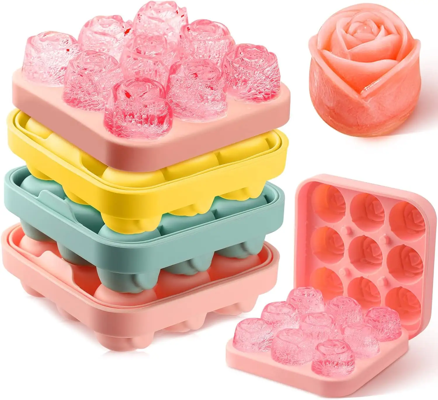 4 Pcs Silicone Rose Ice Cube Khuôn 3D Rose Ice Khuôn Với Bao Gồm Hoa Ice Cube Khay