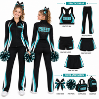 Set Pemanasan Cheerleading Starburst Rhinestone Warna Teal Hitam Jaket Full Zip Custom dengan Cetakan Anti-Luntur untuk Tim Cheerleading