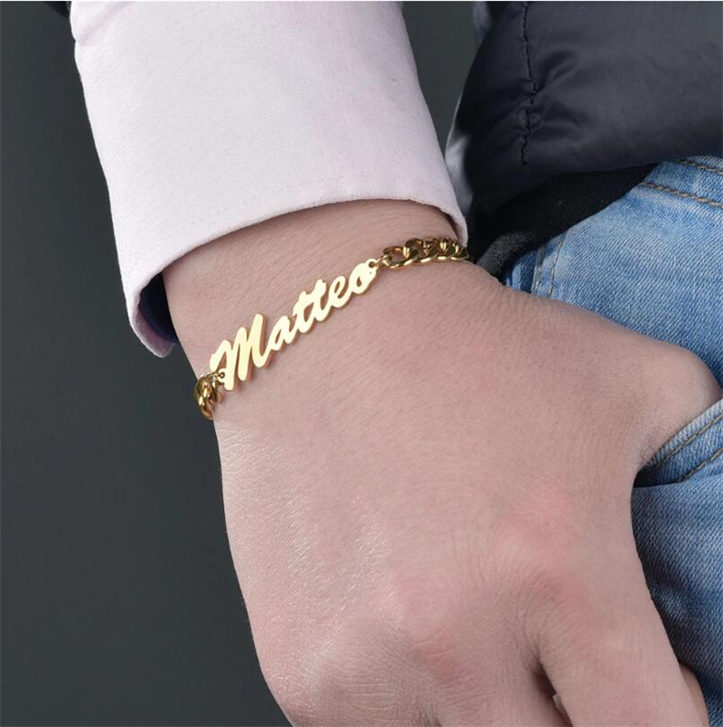 Vintage Handmade Custom Gold Cuban Link Ankle Bracelet Stainless Steel Bracelets Men Personalized Customized Gold Name Bracelet