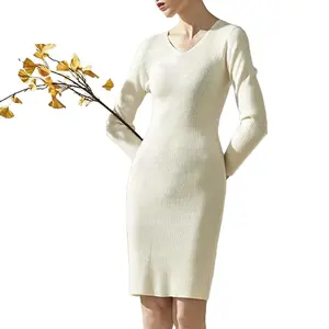 winter elegant slim acrylic knitted pullover sweater dress for women