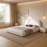 Modernes Cremefarbenes Polsterbett mit Wolkenförmigem Kopfteil, Flaches Weiches Bettgestell für Queen- und King-Size-Schlafzimmer OEM ODM Bett