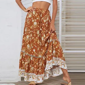Women's Print Floral Long Hippie Bohemian Bandage Skirt Gypsy Boho Ladies Female Lace Up Flowers Elastic Waist Halter Skirt