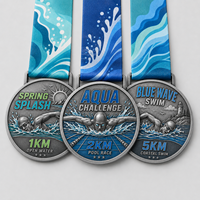 Médailles de sport personnalisées en alliage de zinc 3D pour la natation, 1KM 2KM 5KM, course en eau libre et piscine, avec ruban imprimé
