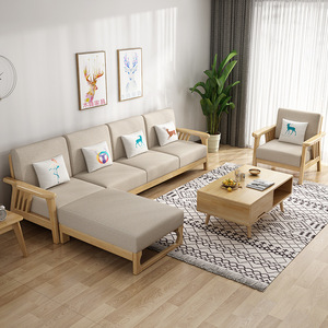 Nordic Solid Wood <b>Sofa</b> Set L-Shaped Three Seater Living Room Furniture Upholstered Fabric Corner <b>Sofa</b> For Small Apartments - Product Image 2