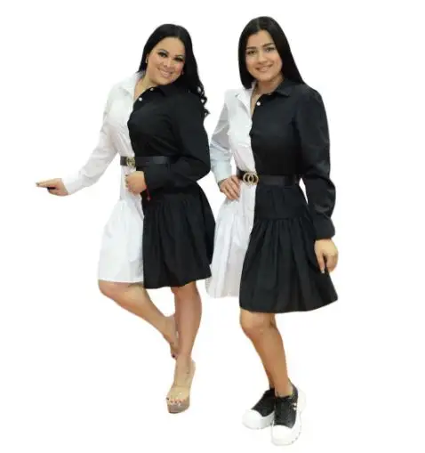 Q6022 European and American cross-border women's new black and white splicing lapel single breasted pleated shirt dress