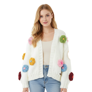New Design Women Knit Sweater Puff Sleeve No Buttons Ladies Cardigan Three-dimensional Flower Fashion Women Knit Cardigan