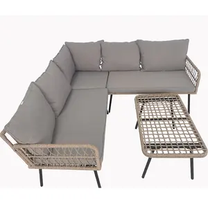 4 Pieces Patio Furniture Set Outdoor Rattan Woven Conversation Sectional L-Shaped Sofa With 5 Seater For Backyard