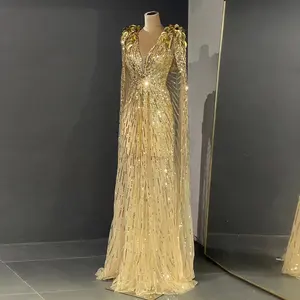 Jancember SCZ036 Vestidos de baile de noite de sereia dourado com lantejoulas de luxo e xale