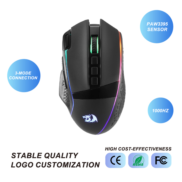 Redragon M991 3-Mode Gaming Mouse RGB Backlight 26000 DPI 12 Macro Buttons Rapid Fire Key PAW3395 Sensor 1000Hz Gaming Mouse