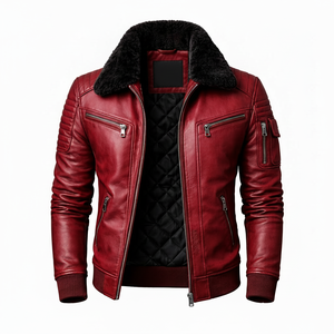 Veste en cuir de vachette pour homme, style vintage, doublure en fausse fourrure, plusieurs couches, fermeture éclair, imperméable, écologique, logo sur le devant - Product Image 1