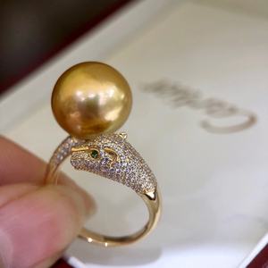 Bague Kajia Tête de Léopard en Argent 925 avec Incrustation de Zircon Exquis et Perle d'Or Naturelle 13-12mm, Motif Géométrique Basique en Or Épais, Taille Turquoise - Product Image 3