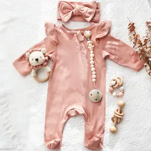 100% organic cotton knit newborn baby romper jumpsuit with bow headband baby clothes for spring autumn ruffle design