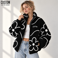 Jaket Wanita Berbahan Sherpa Fleece Motif Bunga, Kerah Tinggi, Ritsleting Penuh, Aplikasi Bunga Timbul, Lis Kontras, Logo Bordir, Mantel Teddy Musim Dingin