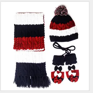 girls beautiful acrylic knit bowtie hat gloves and scarf set