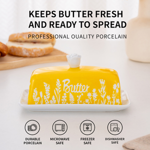 Nueva llegada: Mantequillera de cerámica con serigrafía de rosas, caja de mantequilla esmaltada en amarillo brillante para el hogar y restaurantes, para almacenar queso. - Product Image 3