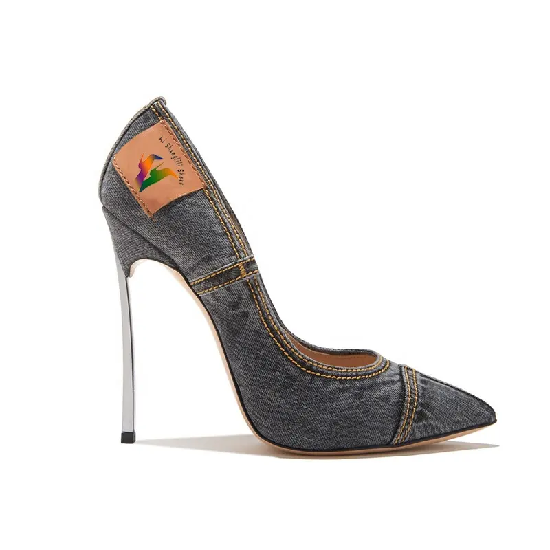 2023 New Fashion Trend Designer Style Denim Pointed Metal Stiletto High Heels for Women Footwear