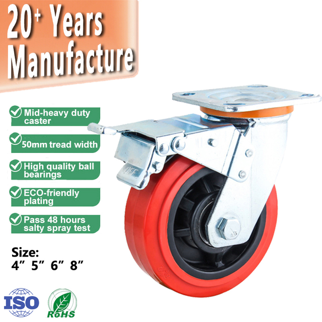 4 5 6 8 Inch High Load 300-550kgs Industrial Swivel Red PVC Medium-Heavy Duty Caster Wheel with Brake