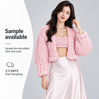 FNJIA Cardigan en laine épaisse 100 % tricoté à la main pour femme, manches lanternes, pull d'hiver épais pour usage quotidien, fournisseur OEM personnalisé