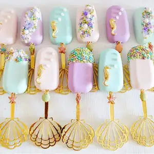 Ice Cream Stick Acrylic Cake Topper Gold Wedding Shell Mermaid Tail Cupcake Topper For Birthday Party Cake Decorations