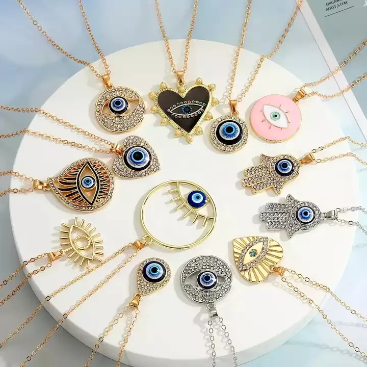 Wholesale Gold Silver Plated Charm Heart Blue Eyes Pendant Necklace Women Paved Crystal Chain Blue Eyes Necklace Jewelry