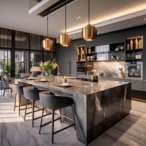 Cuisine artisanale de luxe de style italien avec <span class=keywords><strong>bois</strong></span> de noyer, îlot en marbre et hotte aspirante en acier inoxydable - Product Image 4