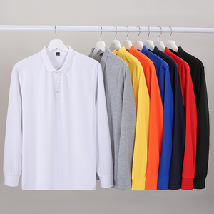 Navy Long Sleeve <b>Polo</b> Shirt Solid Color Breathable Knitted Men's Business Services Wear - Product Image 4