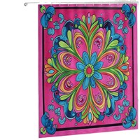Ensemble de salle de bain quatre pièces style bohème en polyester rose avec mandala coloré, rideau de douche, tapis de sol et coussin de siège de toilette