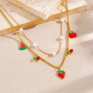 Fruit Pendant Stainless Steel Necklace And <b>Bracelet</b> <b>Set</b> For Women Party Jewelry With Apple Strawberry Watermelon Design - Product Image 2