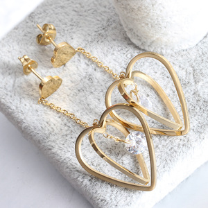 Heart Shaped Diamond <b>Earrings</b> Gold Stainless Steel Long Dangle <b>Studs</b> For Women Everyday Wear - Product Image 3