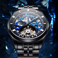 Jam Tangan Tourbillon Pria OEM dengan MOQ Kecil, Logo Custom, Kualitas Tinggi, Casing Stainless Steel Hitam Mewah, Tali Kaca, Dial Penunjuk Biru