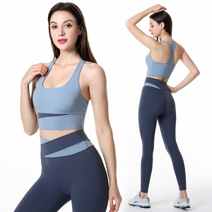 Wholesale 2022 Women Patchwork Sports Bra High Impact and <strong>Brown</strong> <strong>Leggings</strong> Sets Active Wear Yoga Set - Product Image 4