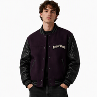 Veste universitaire violette personnalisée, fabricant OEM ODM, corps en laine melton, manches en cuir noir, patch logo chenille, vente en gros
