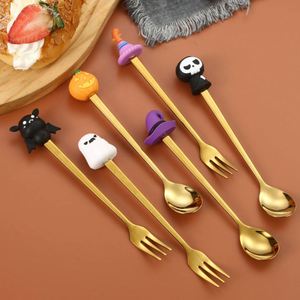 Cuchara de té y café personalizada para decoración de Halloween, juego de cubiertos de acero inoxidable 304/410, cuchara y tenedor dorados - Product Image 2